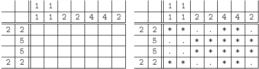 
Puzzle: ..|11.....;..|1122442;22|.......;.5|.......;.5|.......;22|.......;
Solution: ..|11.....;..|1122442;22|**..**.;.5|..*****;.5|..*****;22|**..**.
