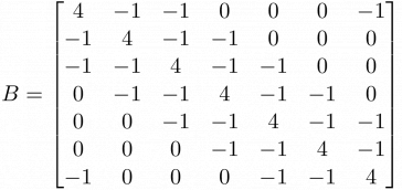 $B = \begin{bmatrix}
 4 & -1 & -1 &  0 &  0 &  0 & -1 \\ 
-1 &  4 & -1 & -1 &  0 &  0 &  0 \\ 
-1 & -1 &  4 & -1 & -1 &  0 &  0 \\ 
 0 & -1 & -1 &  4 & -1 & -1 &  0 \\ 
 0 &  0 & -1 & -1 &  4 & -1 & -1 \\ 
 0 &  0 &  0 & -1 & -1 &  4 & -1 \\ 
-1 &  0 &  0 &  0 & -1 & -1 &  4
\end{bmatrix}$