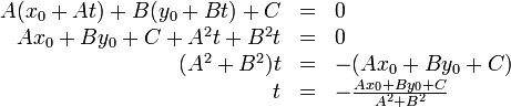 \displaystyle
\begin{array}{rcl}
A(x_0+At)+B(y_0+Bt)+C&=&0 \\
Ax_0 + By_0 + C + A^2 t + B^2 t &=& 0 \\
(A^2+B^2)t &=& -(Ax_0+By_0+C) \\
t &=& -\frac{Ax_0+By_0+C}{A^2+B^2}
\end{array}
